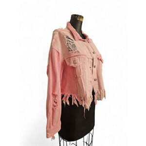 POL Pink Fringe Distressed Denim Jacket
